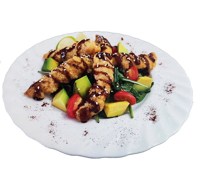 Салат с креветками темпура